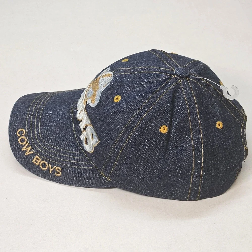 Denim Cowboys Baseball Cap Embroidered Logo Adjustable Strap Distressed One Size